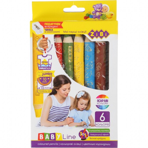 Олівці кольорові ZiBi Baby Line Mini Super Jumbo зі стругачкою 6 кол. (ZB.2453)