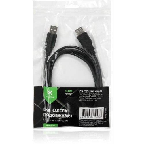 Дата кабель USB 2.0 AM/AF 1.8m Vinga (VCPUSBAMAF1.8BK)