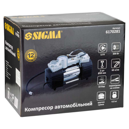 Автомобільний компресор Sigma 12В, 300Вт, 60л/мин, 10бар (6170281)