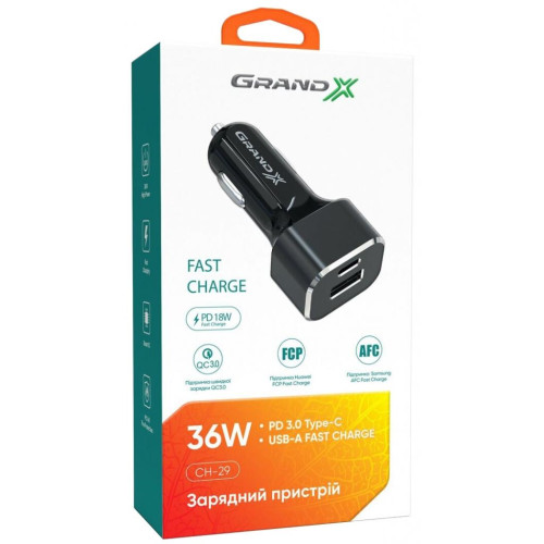 Зарядний пристрій Grand-X CH-29 PD 3.0, Quick Charge QС3.0, 1 TypeC, 1 USB (CH-29)