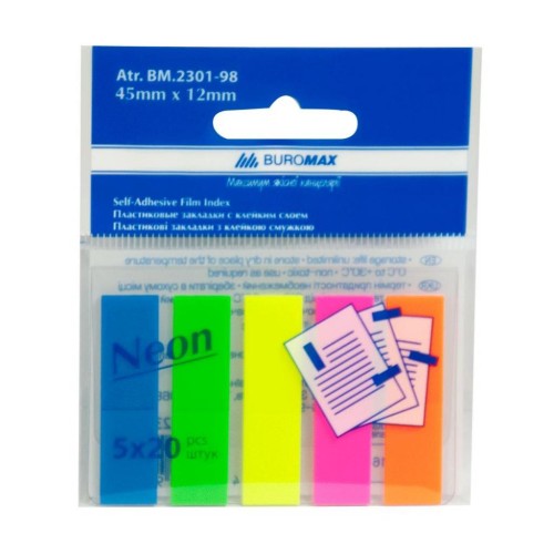 Стікер-закладка BUROMAX Plastic bookmarks 45x12mm, 5х20шт, rectangles, neon colors (BM.2301-98)