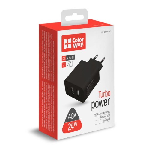 Зарядний пристрій ColorWay 2USB AUTO_ID 4.8A (24W) black (CW-CHS016-BK)