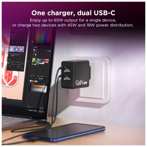 Блок живлення до ноутбуку Lenovo Dual USB-C 65W GaN Charger (40AW065BEU)