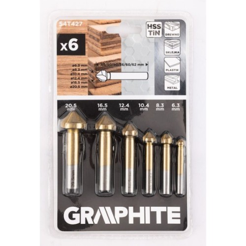 Набір свердл Graphite конічні, для фрезування, TiN, 6.3–20.5мм, кейс, 6шт (54T427)