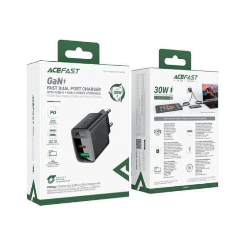 Зарядний пристрій Acefast 2xUSB 30W (USB-C+USB-A) Gan A98 Black (6974316283263)