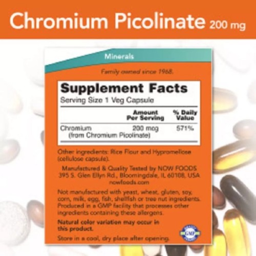 Мінерали Now Foods Піколінат Хрома, 200 мкг, Chromium Picolinate, 100 вегетаріанських до (NF1420)