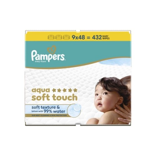 Дитячі вологі серветки Pampers Aqua Soft Touch 9x48 шт (432 шт) (8006530140010)