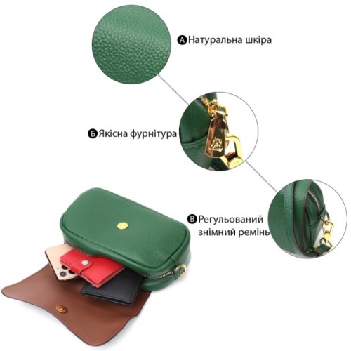 Сумка Vintage Шкіряна жіноча з фігурним клапаном Зелена (22430)