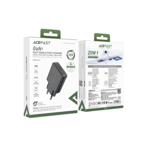 Зарядний пристрій Acefast A65 USB-C PD20W GaN ultra-thin Black (6974316282686)