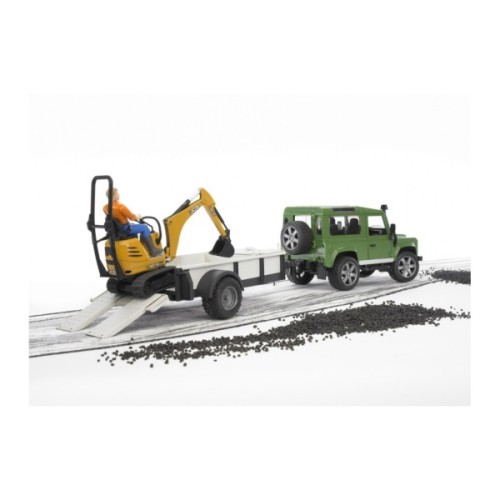 Спецтехніка Bruder автомобіль Land Rover Defender з причіпом, міні-екскаватором CAT та фігуркою (02593)