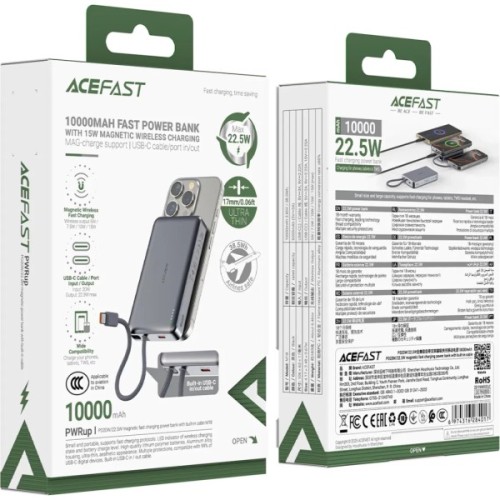 Батарея універсальна Acefast Magnetic Wireless 10000mAh, 22.5W, PD, QC/3.0, QI 15W, M18, Black (6974316284017)