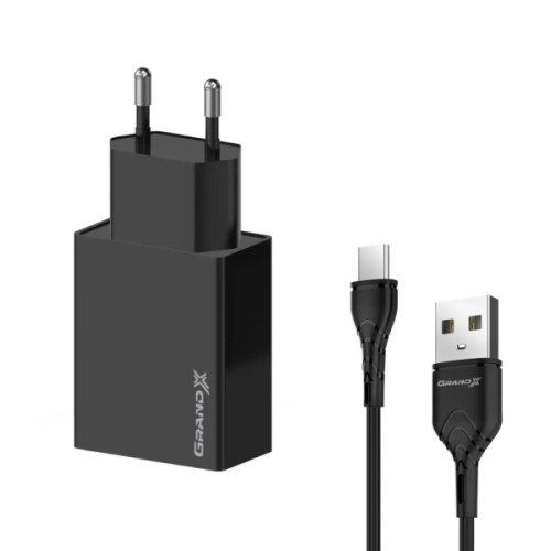 Зарядний пристрій Grand-X CH-15T 5V 2.1A 2USB Black + cable USB -> Type-C (CH-15T)