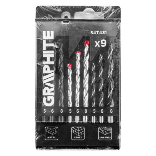 Набір свердл Graphite по металу, цеглі, 5–6,8мм, 9шт (54T431)