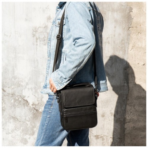 Сумка Vintage Вертикальна чоловіча у м'якій шкірі Чорна (20367)