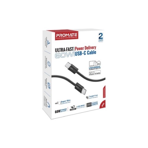 Дата кабель USB-C to USB-C 2.0m 60W PD EcoLine-CC200 black Promate (ecoline-cc200.black)