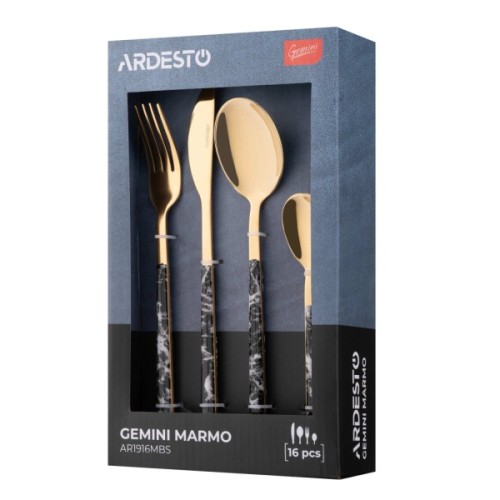 Набір столових приборів Ardesto Gemini Marmo, 16 приборів, нержавіюча сталь, пластик, золотисто-чорний (AR1916MBS)