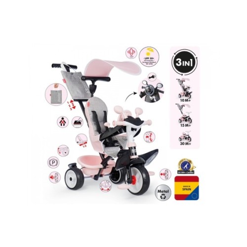 Дитячий велосипед Smoby Бебі Драйвер. Рожева перлина" з козирком, металевий (7600741504)