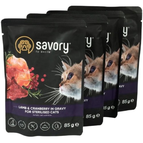 Вологий корм для кішок Savory Sterilised Cats with Lamb and Cranberries in Gravy 3+1х85 г (2700000040546)
