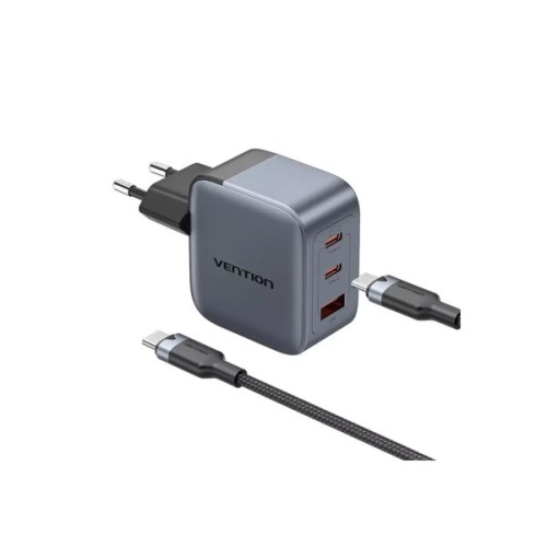 Зарядний пристрій Vention 2xUSB-C PD70W + 1xUSB QC3.0 22.5W GaN + cable USB-C to USB-C 1.0m black gray (TZ-FEXH0-EU)