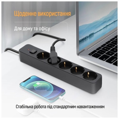 Мережевий фільтр живлення ColorWay CCA-3G1MM 5 розеток, 2m Black (CW-PSEA1052BK)