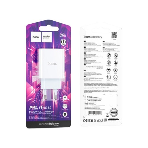 Зарядний пристрій HOCO C97A 1xUSB-C PD20W + 1xUSB QC3.0 White (6931474766076)
