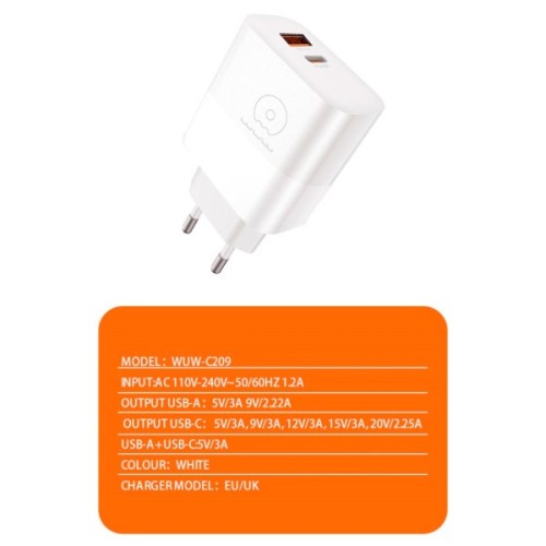 Зарядний пристрій WUW C209 1xUSB-C PD45W + 1xUSB QC3.0 18W White (WUW-C209)
