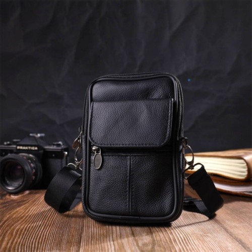 Сумка Vintage Вертикальна поясна з натуральної шкіри Чорна (21487)