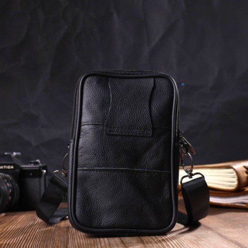 Сумка Vintage Вертикальна поясна з натуральної шкіри Чорна (21487)