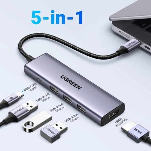Концентратор Ugreen USB-C to HDMI + 3xUSB 3.0 + PD CM511 gray (15596)
