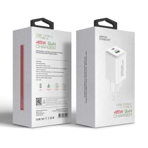 Зарядний пристрій Armorstandart AR372 45W GaN Type-C + USB White (ARM77550)
