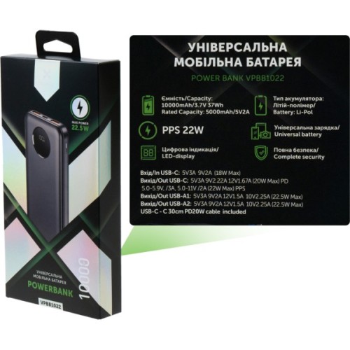 Батарея універсальна Vinga 10000 mAh 22.5W Display Black (VPBB1022)