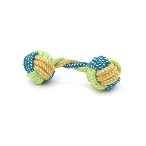 Іграшка для собак Voltronic Мотузка-апорт із вузлами форма гантелі 6х18 см зелено-синя (YT41104)