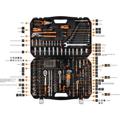 Набір інструментів Neo Tools 233шт, 1/2", 1/4", 3/8", CrV, кейс (10-078)