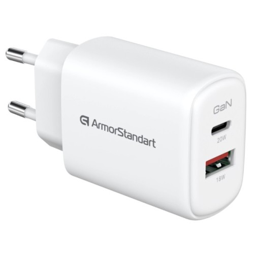 Зарядний пристрій Armorstandart 1xUSB-C + 1xUSB 20W GaN white (ARM89531)