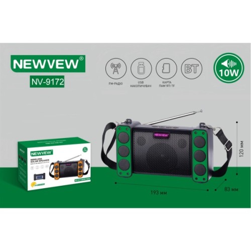 Акустична система NEWVEW NV-9172 Solar Panel/BT/USB/TF/FM Green (NWVW-NV-9172-GN)