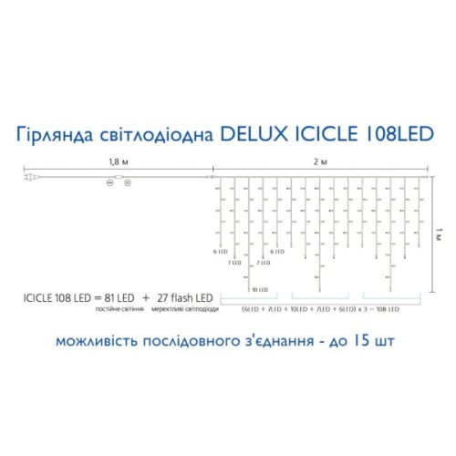 Гірлянда Delux ICICLE 108LED 2x1 м Жовтий flash Білий/Чорний IP44 (90015178)