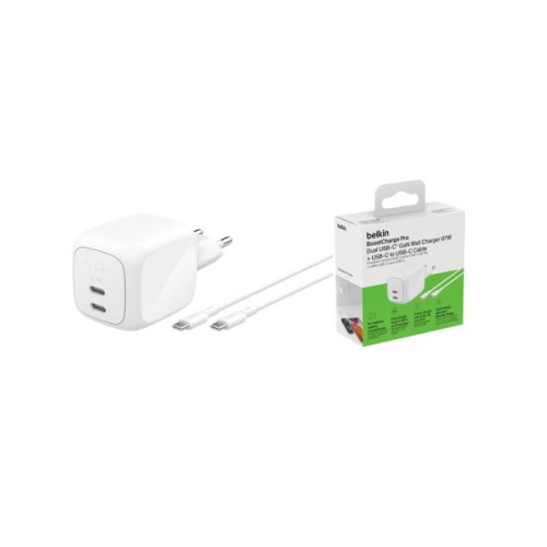 Зарядний пристрій Belkin 2xUSB-C PD67W GaN PPS + cable USB-C to USB-C 2.0m white (WCH020KQ2MWH-B6)