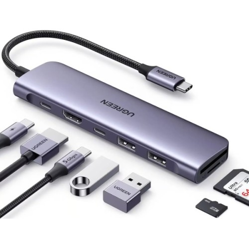 Концентратор Ugreen USB-C 7-in-1 2xUSB 3.0 + USB-C PD100W + HDMI 4K30Hz + SD/TF black (15214)