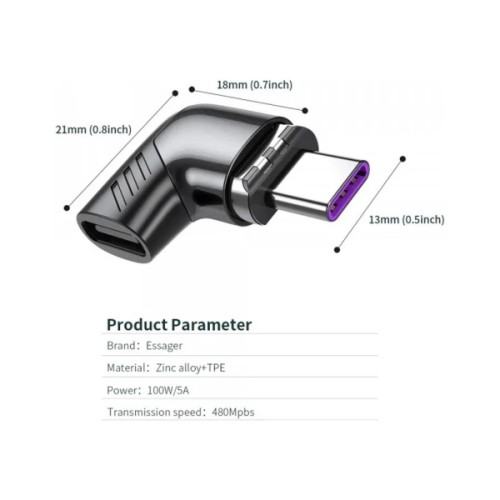 Перехідник USB-C magnetic 100W 5Gbps 90° corner Essager (EZJT-QZG01)