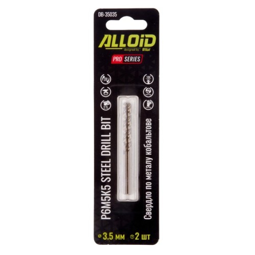 Свердло Alloid Pro, по металу, кобальтове, 3.5мм, Р6М5К5, 2шт. (DB-35035)