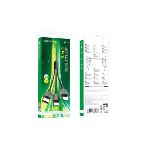 Дата кабель USB 2.0 AM to Lightning + Micro 5P + USB-C 1.0m black BOROFONE (6974443384666)