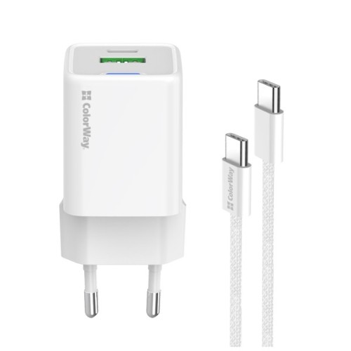 Зарядний пристрій ColorWay GaN Mini 30W PD Port PPS USB (Type-C PD + USB QC4.0) cable Type-C (CW-CHS053PDC-WT)