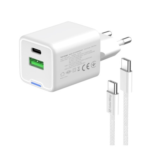 Зарядний пристрій ColorWay GaN Mini 30W PD Port PPS USB (Type-C PD + USB QC4.0) cable Type-C (CW-CHS053PDC-WT)