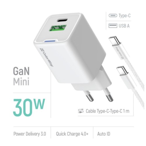 Зарядний пристрій ColorWay GaN Mini 30W PD Port PPS USB (Type-C PD + USB QC4.0) cable Type-C (CW-CHS053PDC-WT)