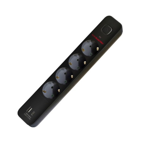 Мережевий розгалужувач EUROELECTRIC X2 16A 2xUSB Black з заземленням (EE-2/2USB-16A(black))