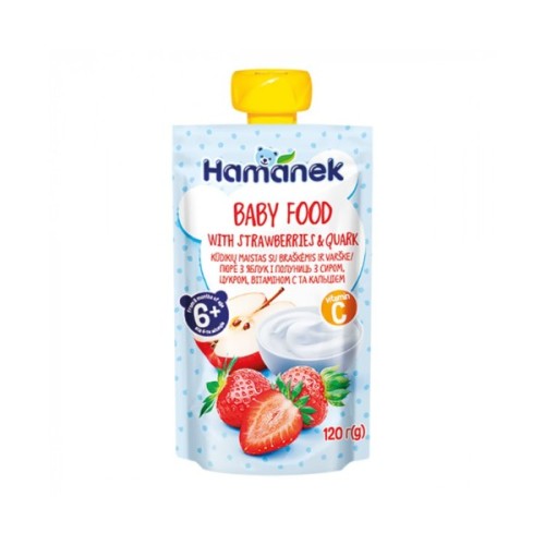 Дитяче пюре Hamanek Яблуко Полуниця Сир, 120 г (8595139783952)