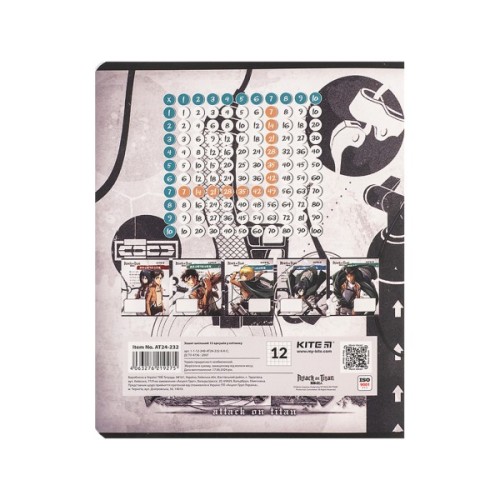 Зошит Kite Attack on Titan, 12 аркушів, клітинка (AT24-232)