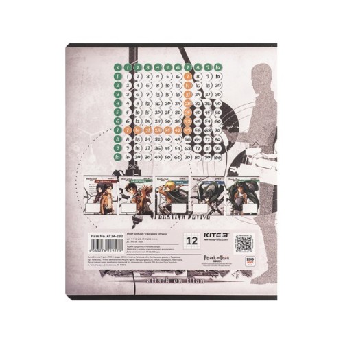 Зошит Kite Attack on Titan, 12 аркушів, клітинка (AT24-232)