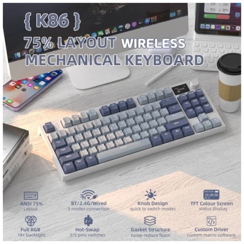 Клавіатура Attack Shark K86 RGB Wireless/Bluetooth/USB UA Retro Grey (K86MN_AS)