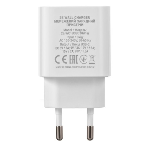 Зарядний пристрій 2E 30W USB-C PD white (2E-WC1USBC30W-W)